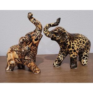 Set of 2 Vintage LaVie Ceramic Safari Elephant Figurine 1 Patchwork 1 Dotted